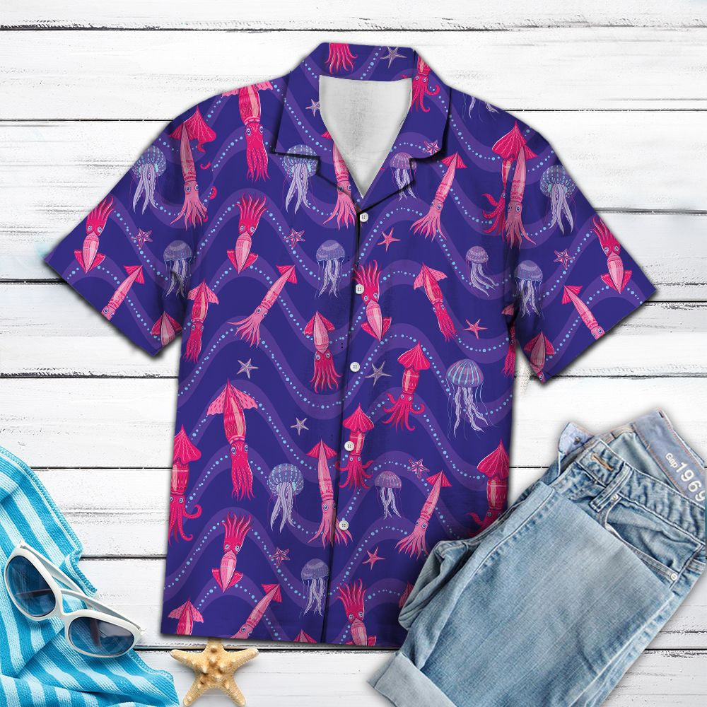Lovely Squid With Purple Jellyfish Hawaiian Shirt,Hawaiian Shirt Gift, Christmas Gift