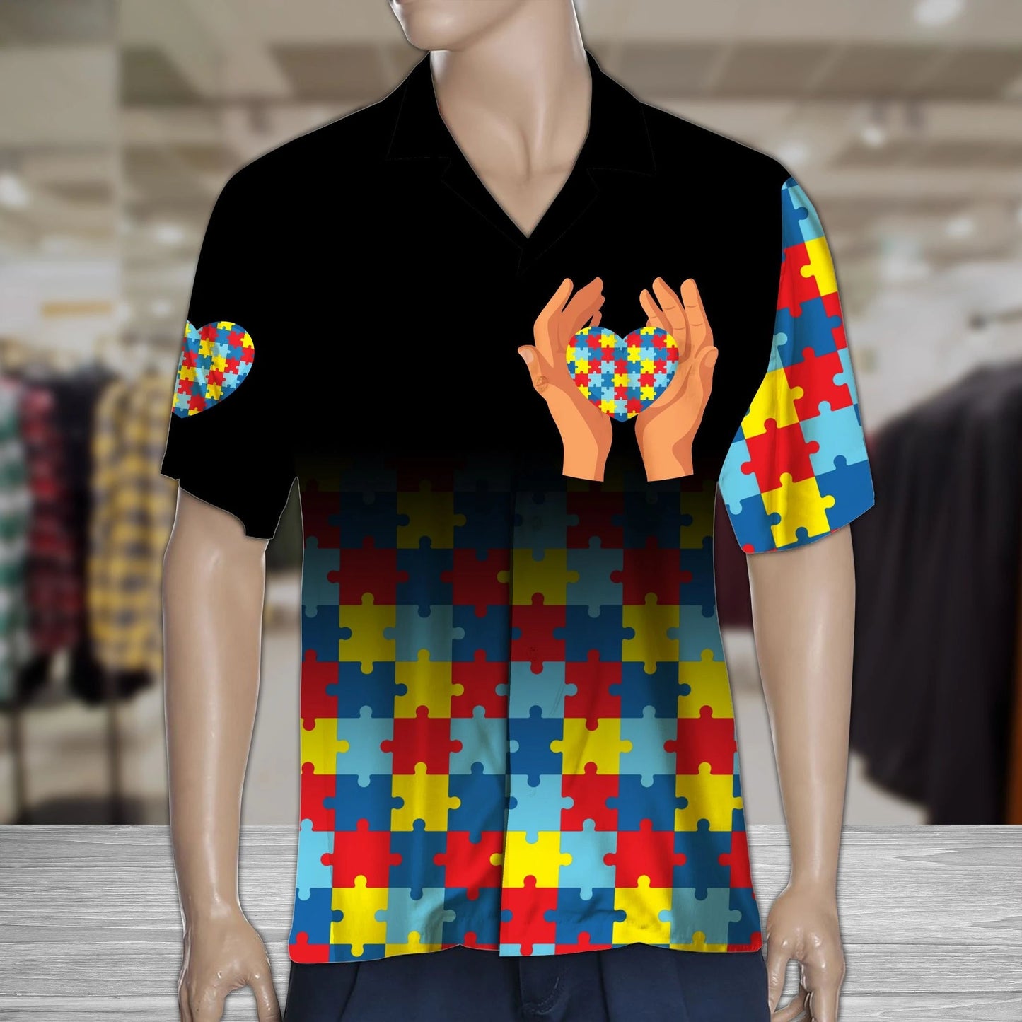 Holding Autism Puzzle On Hand In Black Hawaiian Shirt, Hawaiian Shirt Gift, Christmas Gift