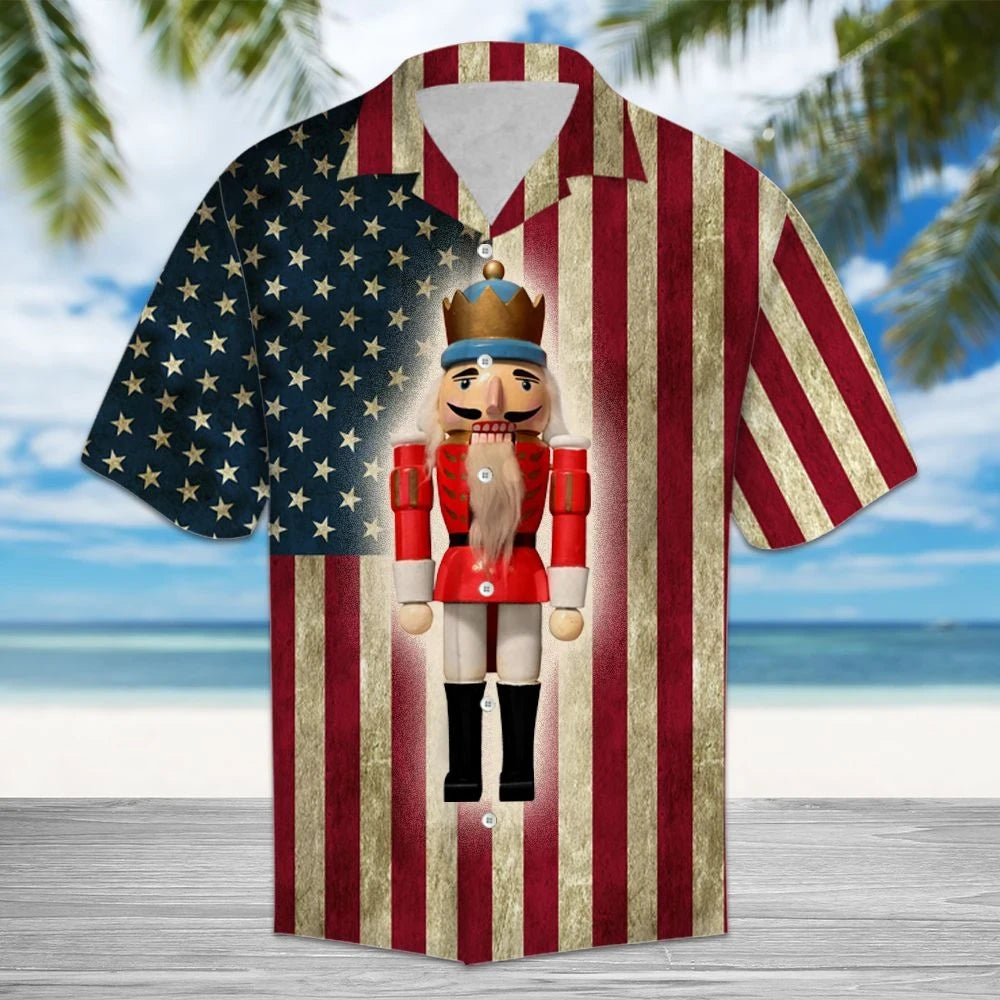 Happy Nutcracker On Grunge American Flag Pattern Hawaiian Shirt, Hawaiian Shirt Gift, Christmas Gift