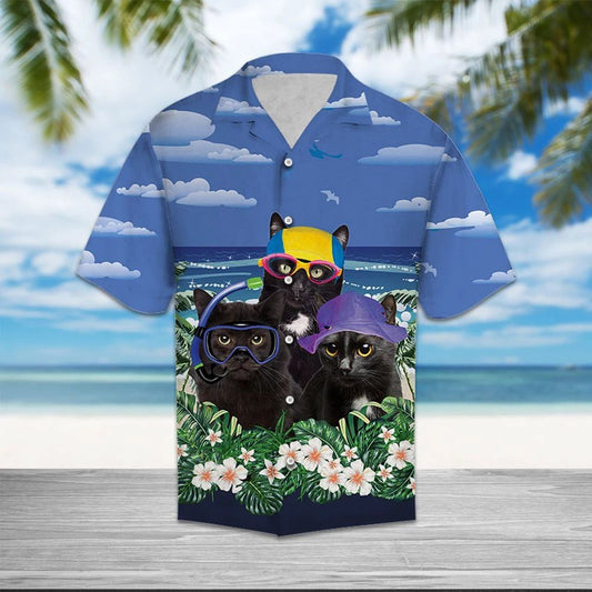 Black Cat Summer Beach Design Hawaiian Shirt,Hawaiian For Gift