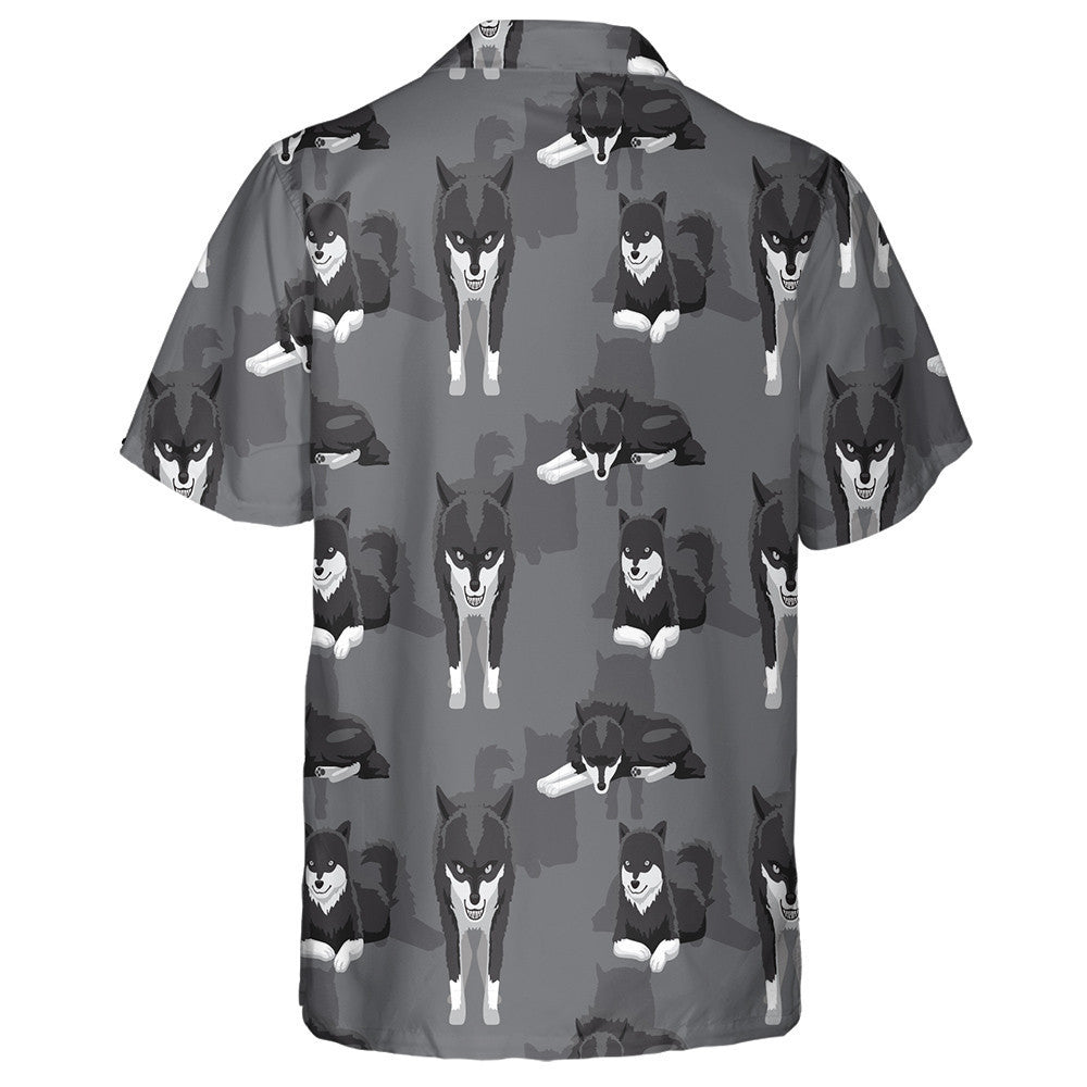 Black And White Wolf Cartoon Background Hawaiian Shirt, Hawaiian For Gift