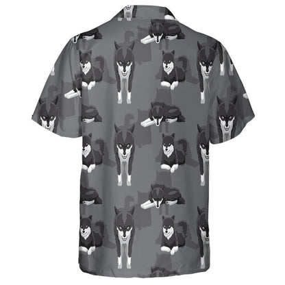 Black And White Wolf Cartoon Background Hawaiian Shirt, Hawaiian For Gift