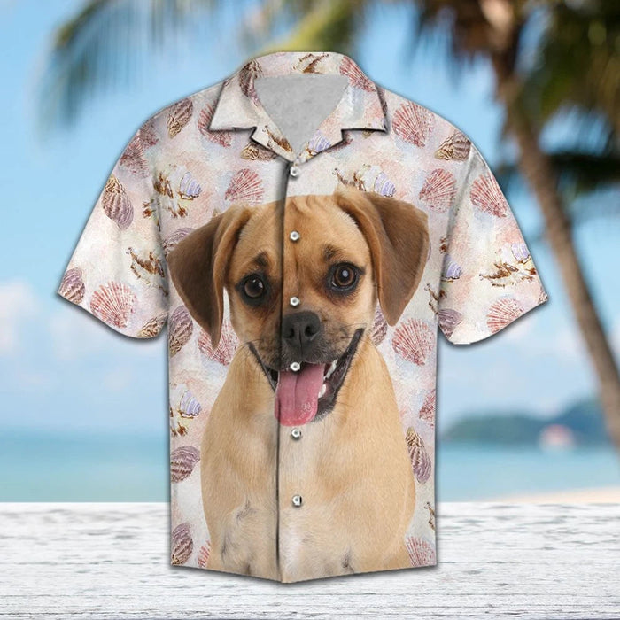 Seashells And Cute Puggle Dog Portrait Pattern Hawaiian Shirt, Hawaiian Shirt Gift, Christmas Gift