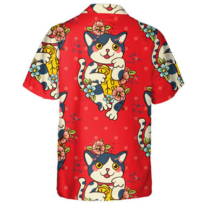 Happy Japanese Cat Maneki Neko Blooms Tattoo Style Hawaiian Shirt, Hawaiian Shirt Gift, Christmas Gift