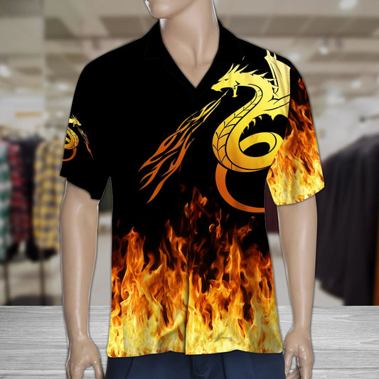 Flame Dragon In Black Background Hawaiian Shirt,Hawaiian Shirt Gift, Christmas Gift