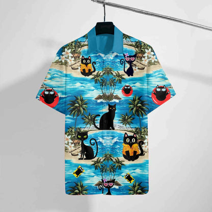 Funny Black Cat Chilling On The Beach Hawaiian Shirt, Hawaiian Shirt Gift, Christmas Gift