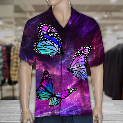 Vivid Watercolor Colored Butterfly Purple Sky Themed Pattern Hawaiian Shirt, Hawaiian Shirt Gift, Christmas Gift