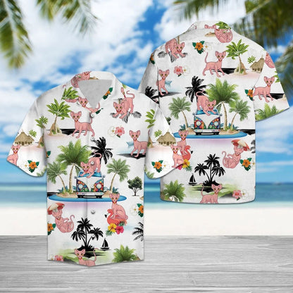 Cartoon Sphynx Vacation On Island Pattern Hawaiian Shirt, Hawaiian For Gift