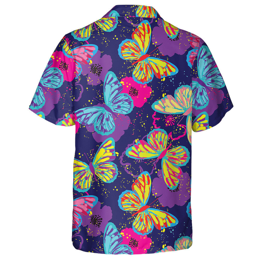 Hand Drawn Butterflies Paint On Dark Hawaiian Shirt, Hawaiian For Gift