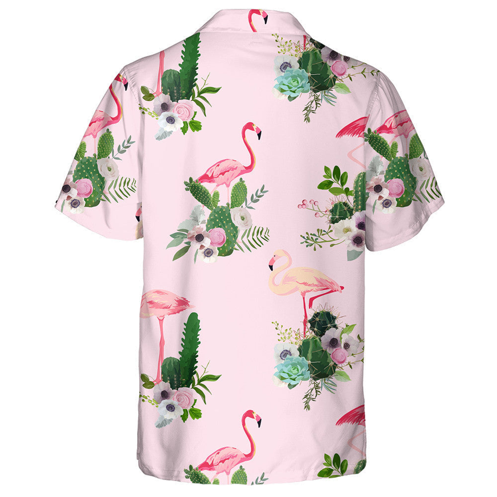 Beautiful Flamingo And Tropical Cactus Flowers Hawaiian Shirt, Hawaiian For Gift