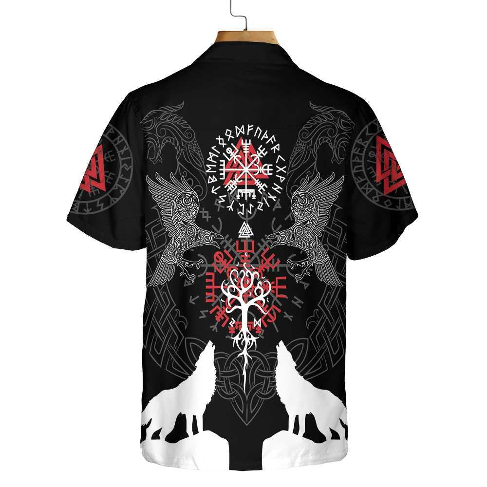 Viking Raven And Wolf White Silhouette Hawaiian Shirt, Hwaiian For Gift