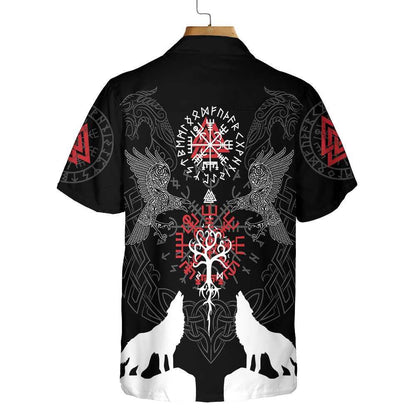 Viking Raven And Wolf White Silhouette Hawaiian Shirt, Hwaiian For Gift