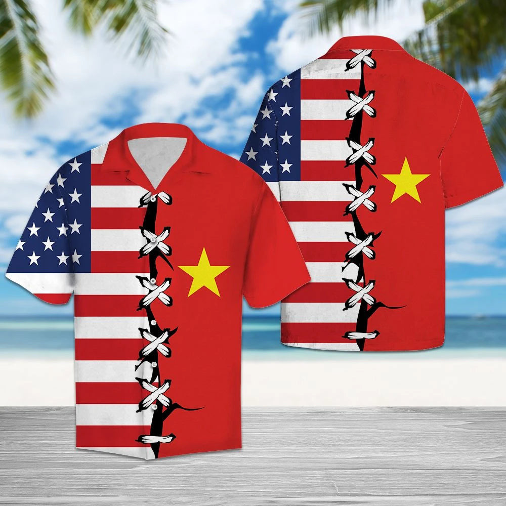 Vietnam And American Flag Mixed Hawaiian Shirt, Hwaiian For Gift