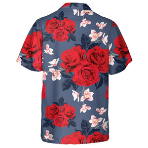 Botanical Scarlet Red Rose Pink Flower Branch Design Hawaiian Shirt, Hawaiian Shirt Gift, Christmas Gift