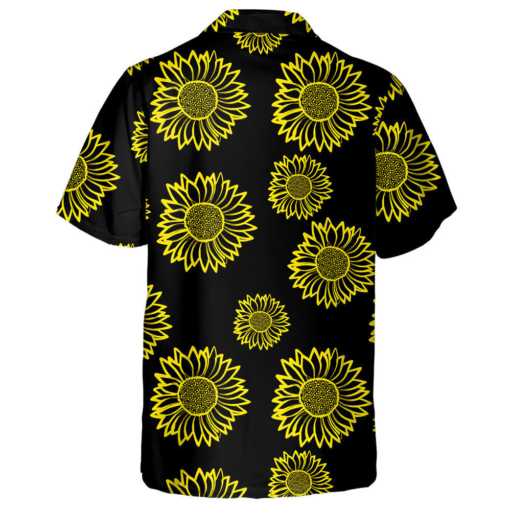 Yellow Outline Sunflowers On Black Backdrop Hawaiian Shirt, Hwaiian For Gift