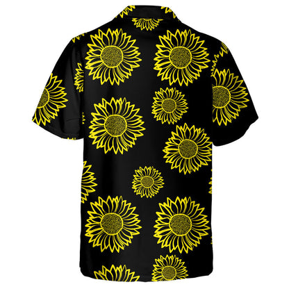 Yellow Outline Sunflowers On Black Backdrop Hawaiian Shirt, Hwaiian For Gift