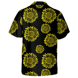 Yellow Outline Sunflowers On Black Backdrop Hawaiian Shirt, Hwaiian For Gift