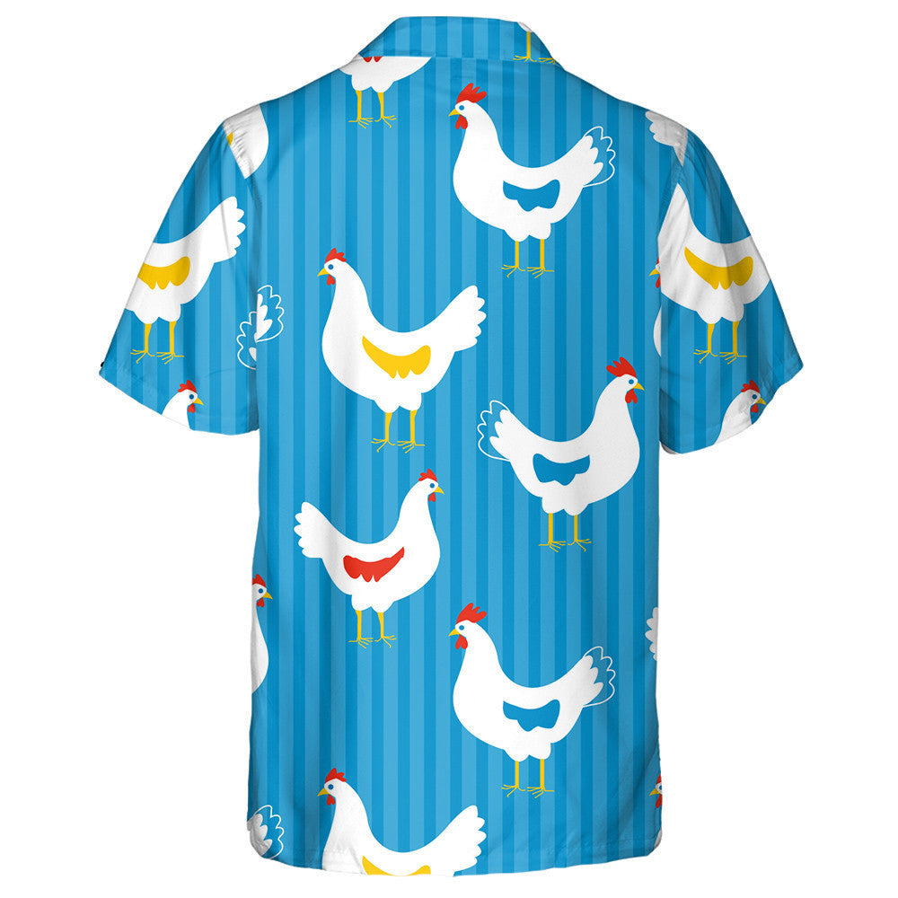 Beautiful Chicken Hen On Striped Blue Hawaiian Shirt, Hawaiian For Gift