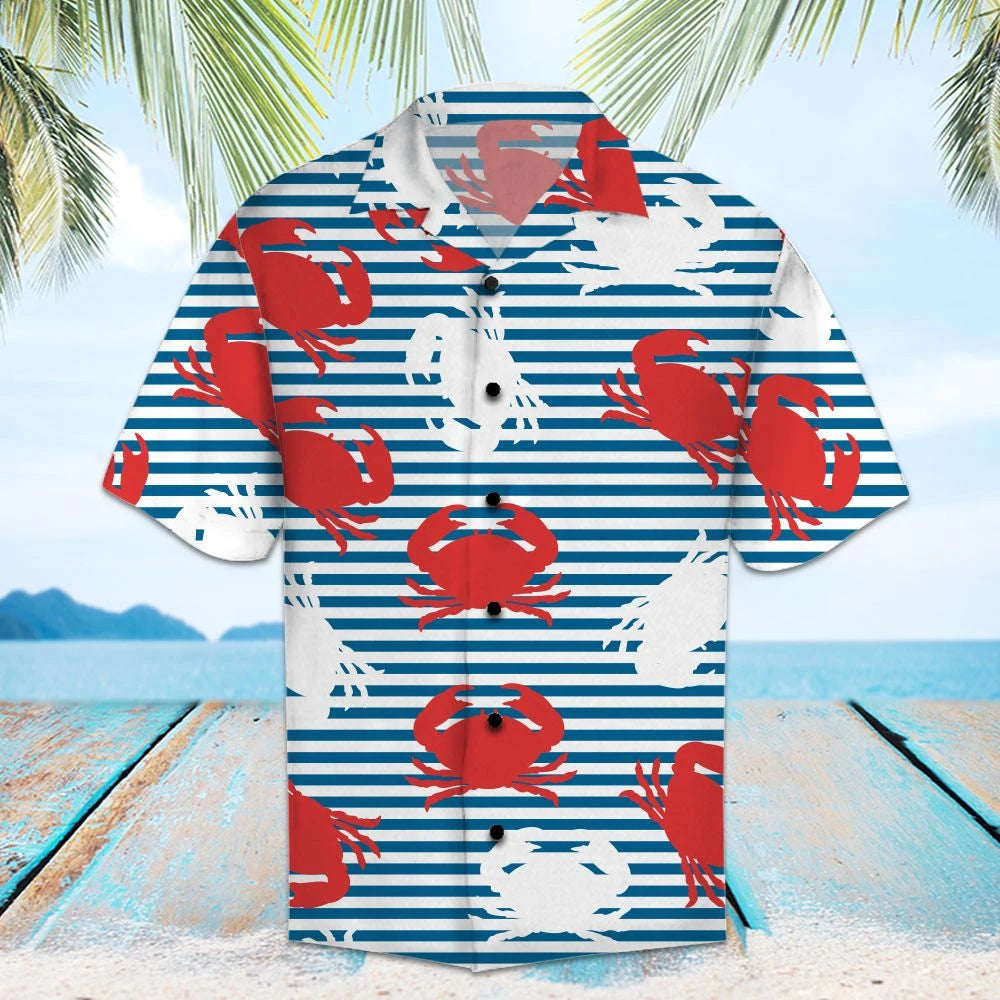 Amazing Crab On Blue Striped Pattern Hawaiian Shirt, Hawaiian For Gift