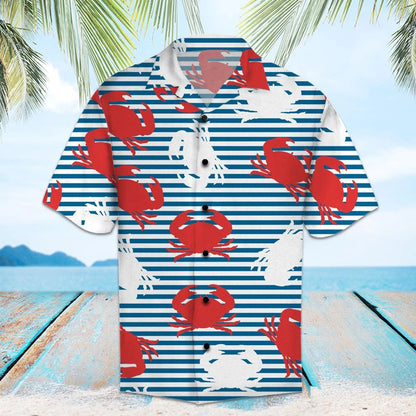 Amazing Crab On Blue Striped Pattern Hawaiian Shirt, Hawaiian For Gift