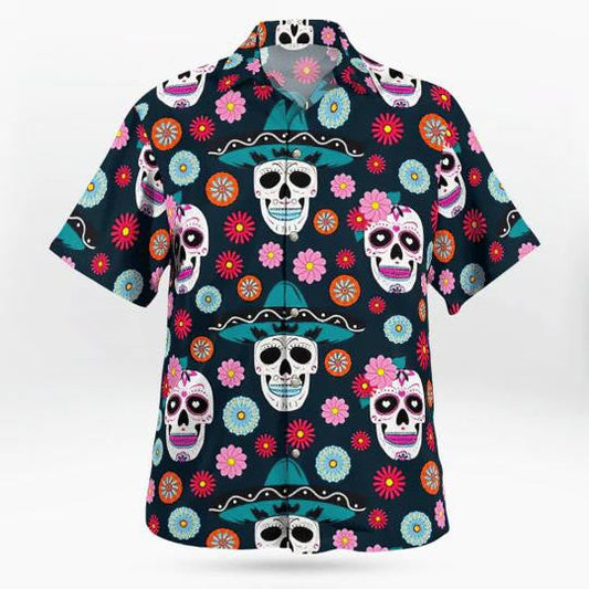 Funny Skull Couple With Hat And Flowers Hawaiian Shirt, Hawaiian Shirt Gift, Christmas Gift