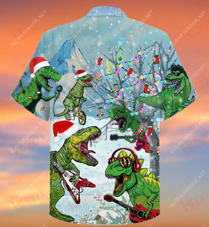 Dinosaurs Play Guitar Party Music In Christmas Holiday Short Hawaiian Shirt Vacation Hawaiian T Shirts Vintage Hawaiian Shirts Funny Hawaiian Shirts, Hawaiian Shirt Gift, Christmas Gift