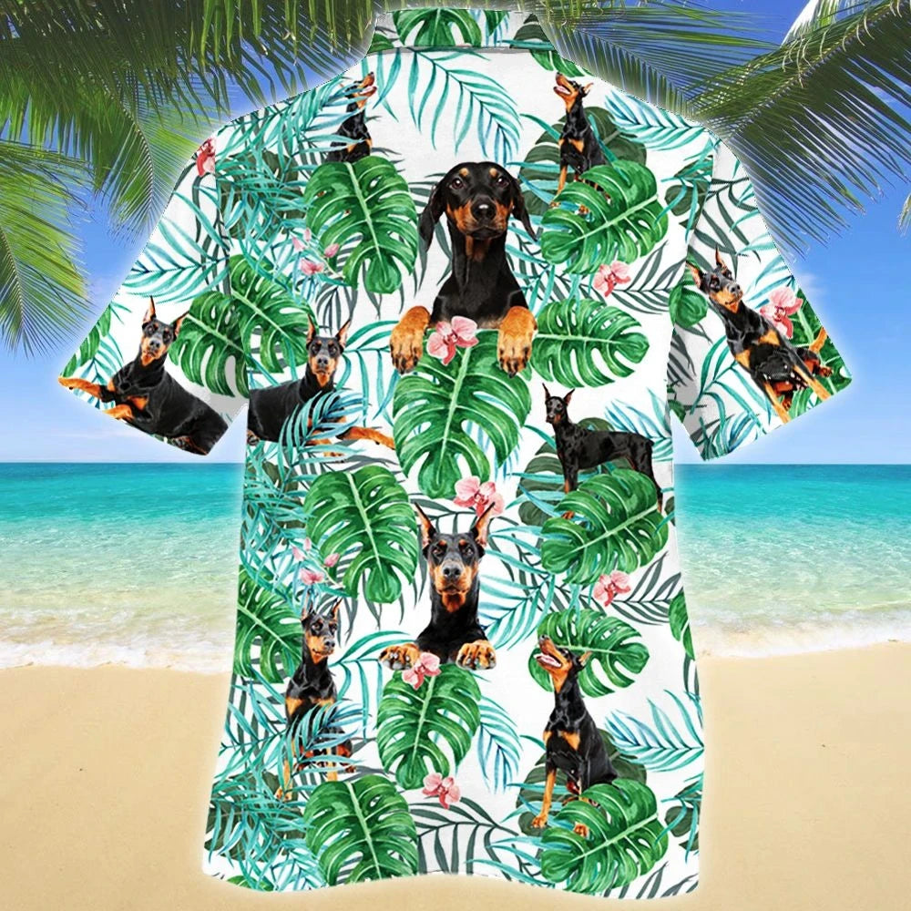 Gléasra Trópaiceach Madra Doberman Pinscher Duilleoga Montera Léine Haváís, Bronntanas Léine Haváíais, Bronntanas Nollag