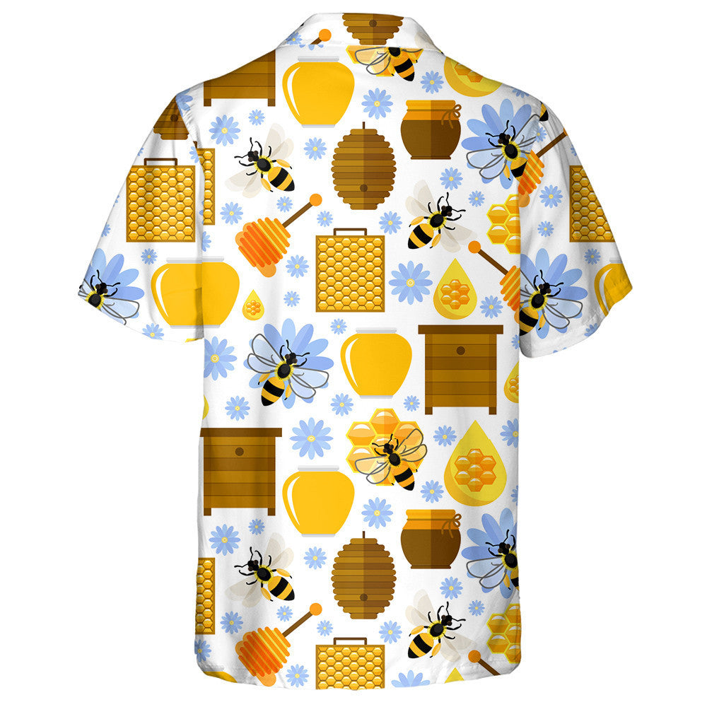 Natural Summer Blue Flowers Bees And Honey Hawaiian Shirt, Hawaiian Shirt Gift, Christmas Gift