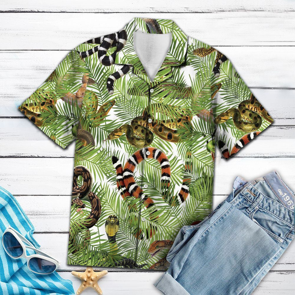 Tropical Snake Hide Under Green Ferns Pattern Hawaiian Shirt, Hawaiian Shirt Gift, Christmas Gift