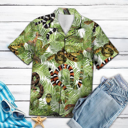 Tropical Snake Hide Under Green Ferns Pattern Hawaiian Shirt, Hawaiian Shirt Gift, Christmas Gift