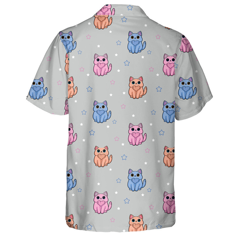 Little Cat And Stars On The Grey Background Hawaiian Shirt, Hawaiian Shirt Gift, Christmas Gift
