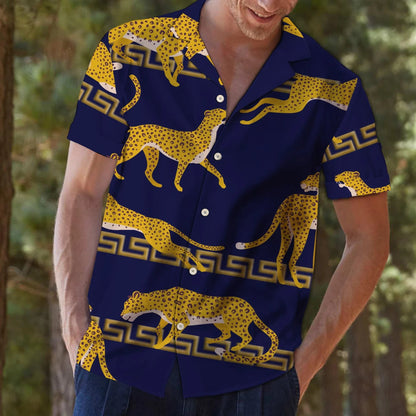 Awesome Leopard Hanging On Navy Background Pattern Hawaiian Shirt, Hawaiian Shirt Gift, Christmas Gift