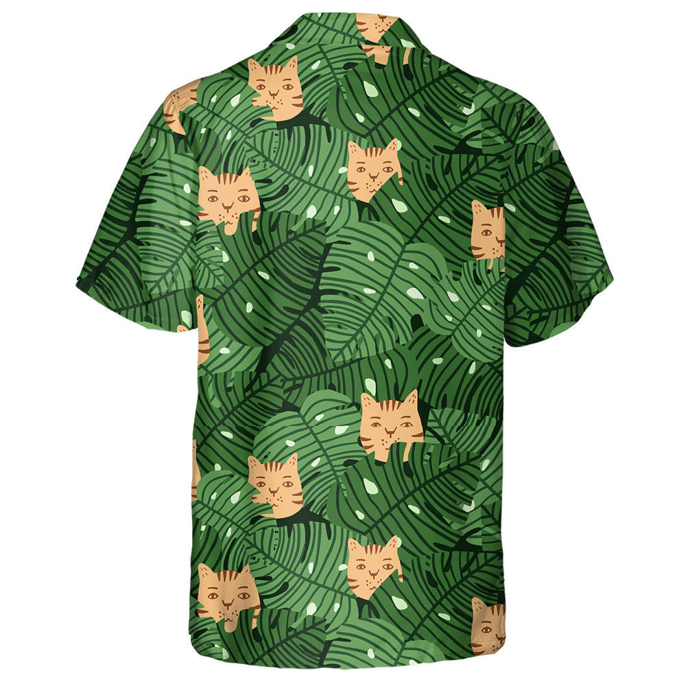 Duilleoga Monstera Agus Aghaidheanna Cait I Léine Haváí Glas Agus Oráiste, Bronntanas Léine Haváís, Bronntanas Nollag