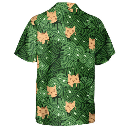 Duilleoga Monstera Agus Aghaidheanna Cait I Léine Haváí Glas Agus Oráiste, Bronntanas Léine Haváís, Bronntanas Nollag