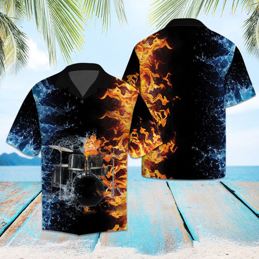 Drumaí Iontach Le Uisce Agus Tine Léine Haváí le Téama Stíl Rock, Bronntanas Léine Haváíais, Bronntanas Nollag