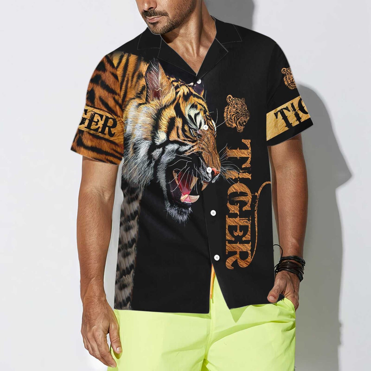 Craiceann Tíogair Feargach Ar Chúlra Dubh Dearadh Léine Haváís, Bronntanas Léine Haváíais, Bronntanas Nollag