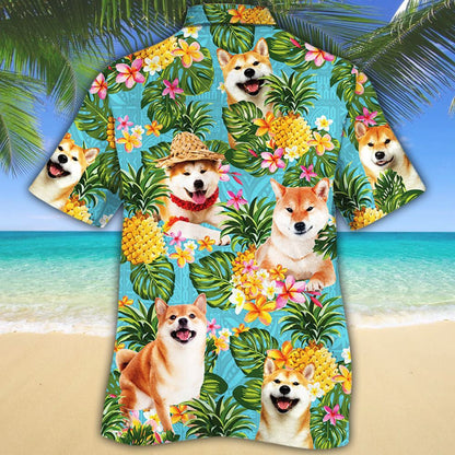 Shiba Inu With Pineapples And Flowers Hawaiian Shirt,Hawaiian Shirt Gift, Christmas Gift