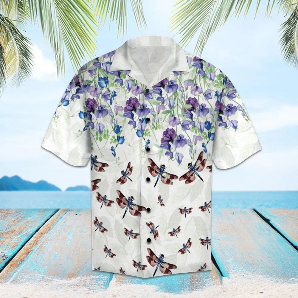 Dragonfly With Orchid Flowers In White Hawaiian Shirt,Hawaiian Shirt Gift, Christmas Gift