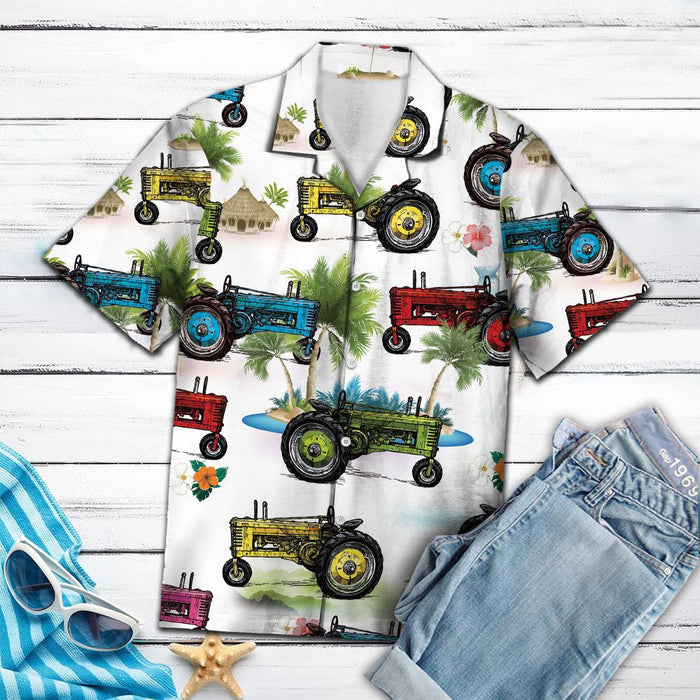 Colorful Tractor On Palm Tree Island Hawaiian Shirt,Hawaiian Shirt Gift, Christmas Gift