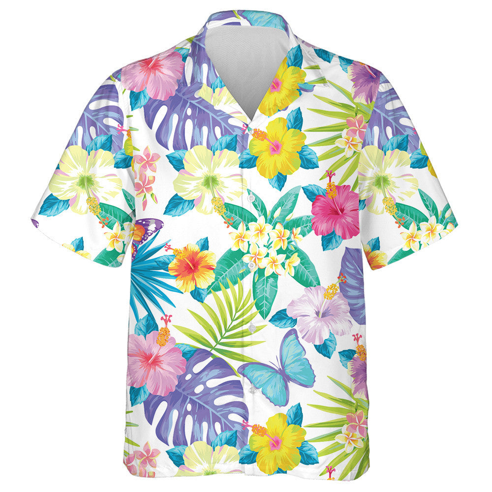 Theme Exotic Flowers Palm Leaves And Butterflies Hawaiian Shirt, Hawaiian Shirt Gift, Christmas Gift