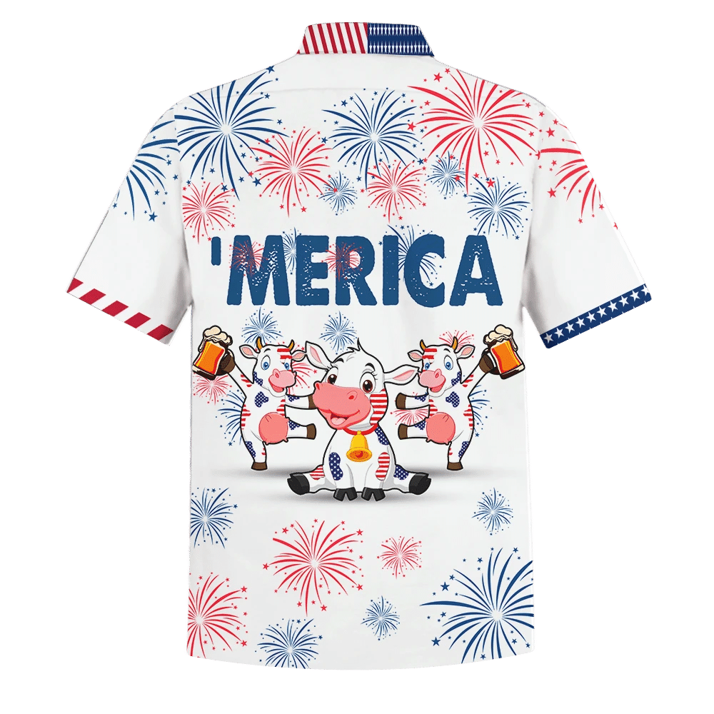 Cow Beer Dancing Blue And Red Firework Hawaiian Shirt, Hawaiian Shirt Gift, Christmas Gift