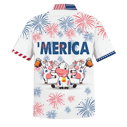 Cow Beer Dancing Blue And Red Firework Hawaiian Shirt, Hawaiian Shirt Gift, Christmas Gift