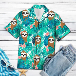 Smiling Sloth With Tropical Palm Leaves Summer Vacation Hawaiian Shirt, Hawaiian Shirt Gift, Christmas Gift