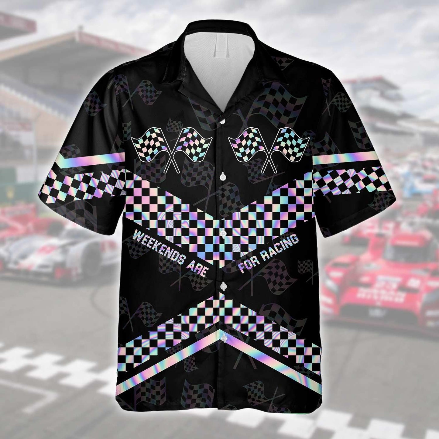 Hologram Checkered Flag Weekends Are For Racing Hawaiian Shirt, Hawaiian Shirt Gift, Christmas Gift