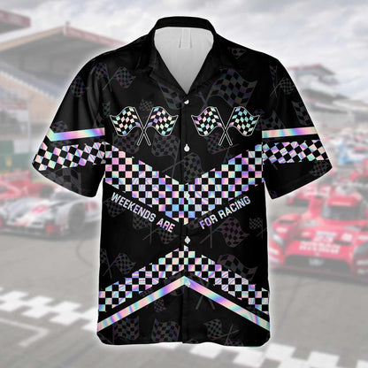 Hologram Checkered Flag Weekends Are For Racing Hawaiian Shirt, Hawaiian Shirt Gift, Christmas Gift