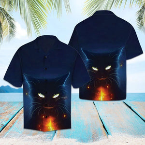 Amazing Halloween Scary Black Cat Portrait Pattern Hawaiian Shirt, Hawaiian Shirt Gift, Christmas Gift