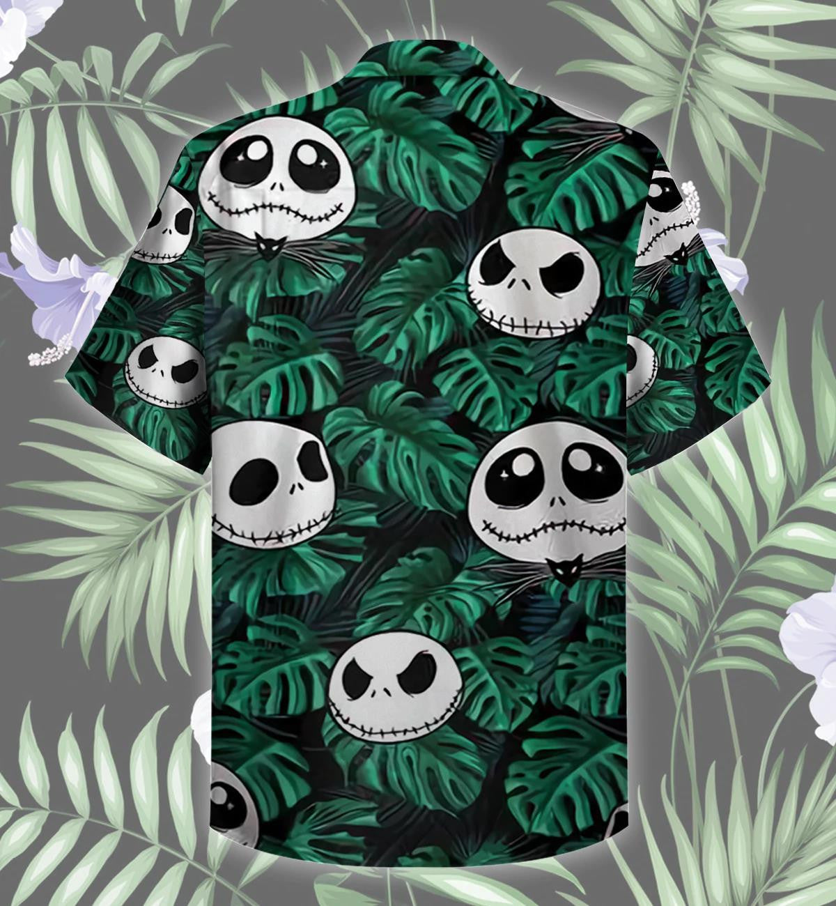 Patrún Greannmhar Jack Skellington le Duilleoga Glasa Tropacha Léine Haváís, Bronntanas Léine Haváíais, Bronntanas Nollag