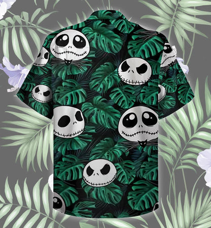 Patrún Greannmhar Jack Skellington le Duilleoga Glasa Tropacha Léine Haváís, Bronntanas Léine Haváíais, Bronntanas Nollag