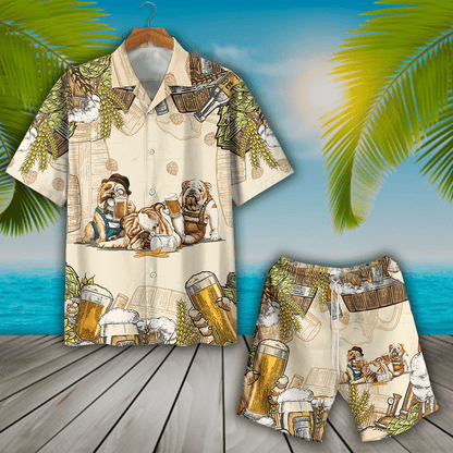 Bulldog Beer On Beige Background Design Hawaiian Shirt, Hawaiian For Gift