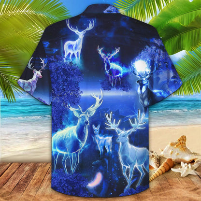 Snow White Deer Navy Background Pattern Hawaiian Shirt,Hawaiian Shirt Gift, Christmas Gift